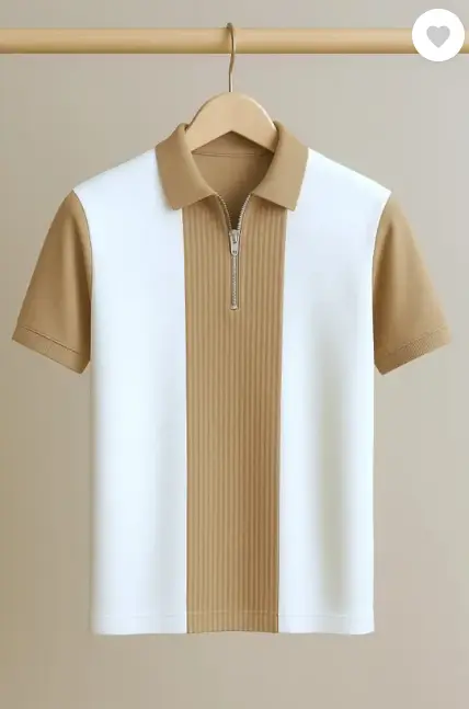 Men Checkered Zip Neck Cotton Blend Brown, White T-Shirt